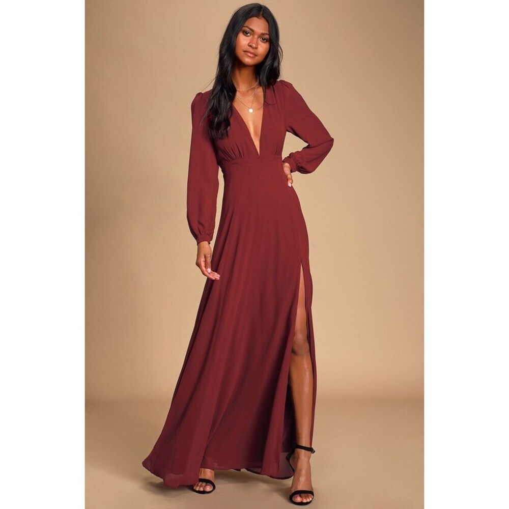 Lulus All My Life Burgundy Long Sleeve Maxi Dress Red - Size M